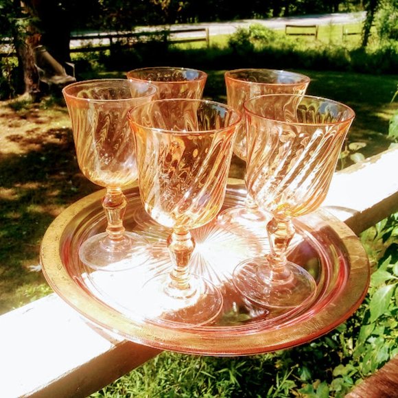 Cristal D'arques-Durand water goblet set of 6 in swirl optic rosaline pink - Picture 2 of 2